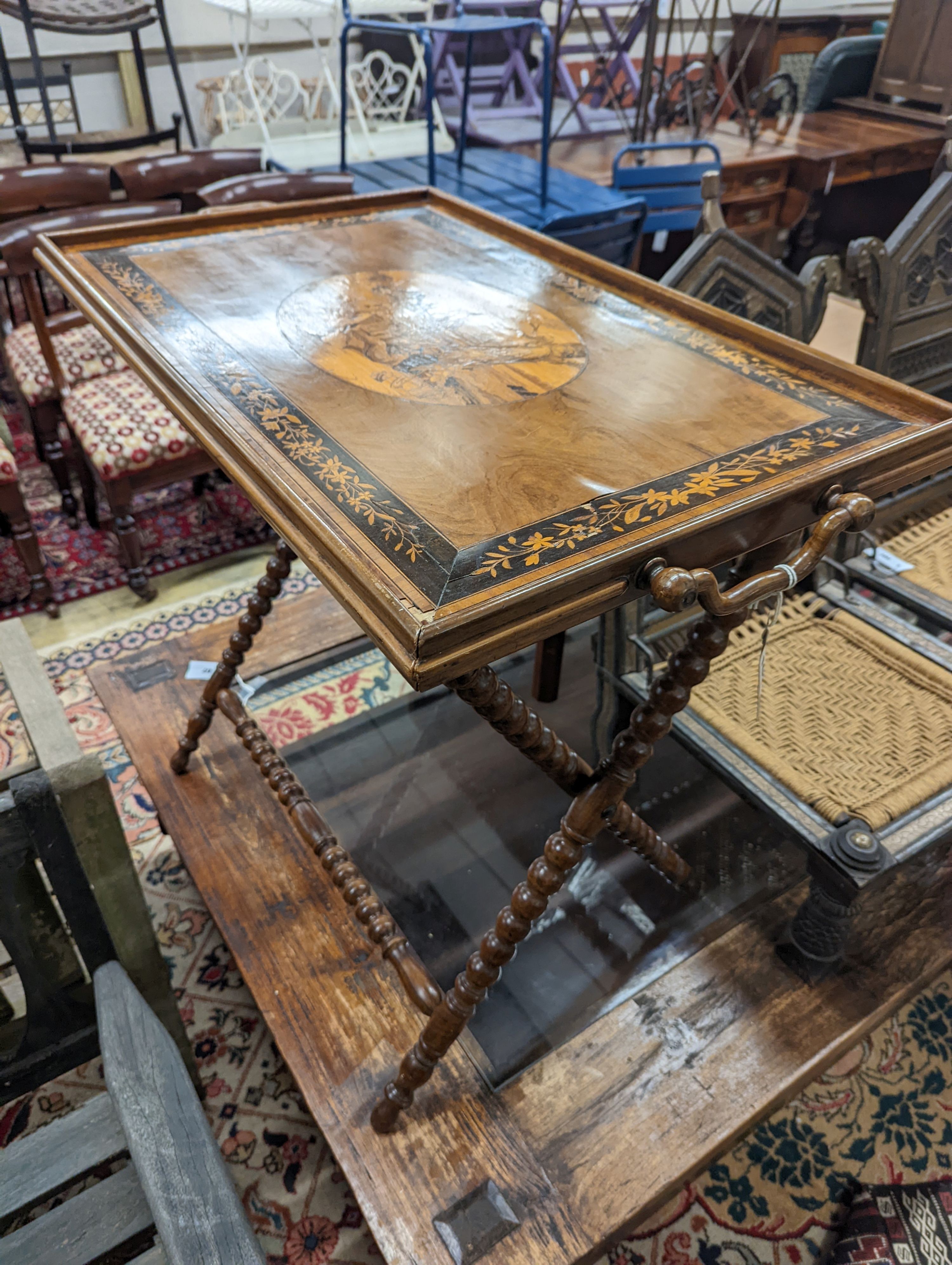 A 19th century Sorrento marquetry inlaid rectangular tray topped occasional table on folding bobbin stand, width 76cm, depth 48cm, height 72cm